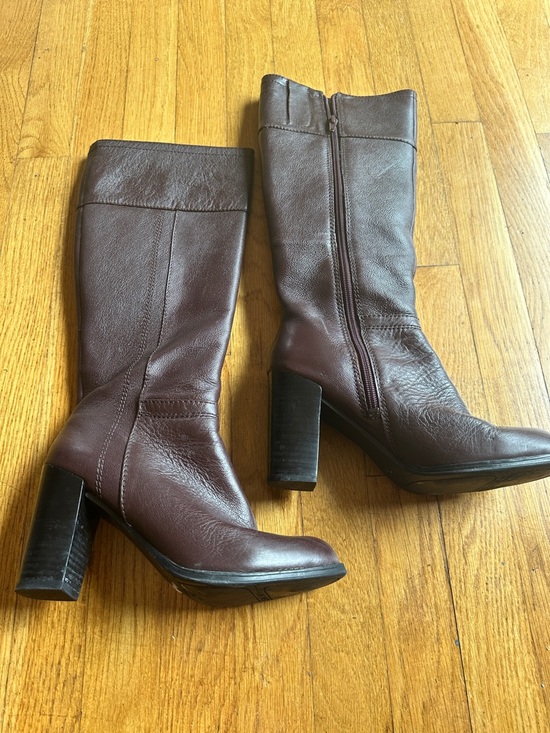 Nine West Shoes - Nine West Dark Brown Leather Mid-Calf Block Heel Boots